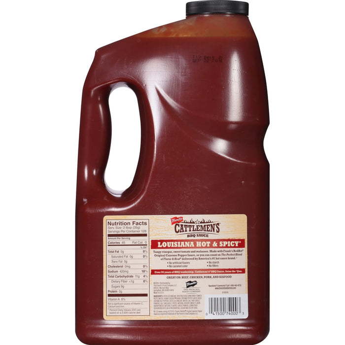 A bottle of Frenchs Cattlemens BBQ Sauce Louisiana Hot &amp; Spicy.