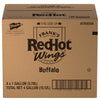A brown cardboard box for Frank'S Redhot Buffalo Wing Sauce, showing the brand logos for French's and Frank's RedHot, with text indicating it contains 4 x 1 gallon (3.78L) for a total net of 4 gallons (15.12L).