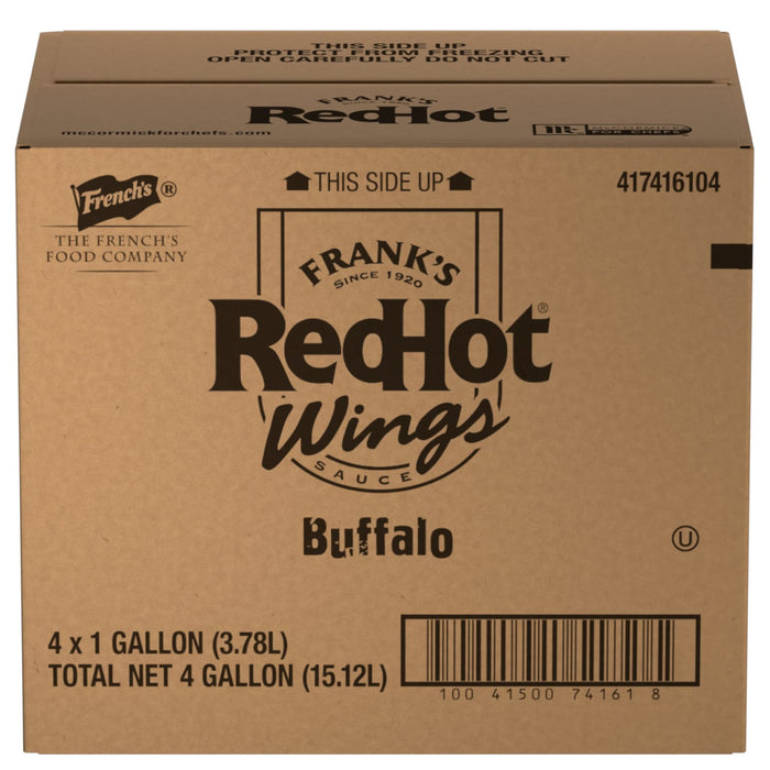 A brown cardboard box for Frank'S Redhot Buffalo Wing Sauce, showing the brand logos for French's and Frank's RedHot, with text indicating it contains 4 x 1 gallon (3.78L) for a total net of 4 gallons (15.12L).
