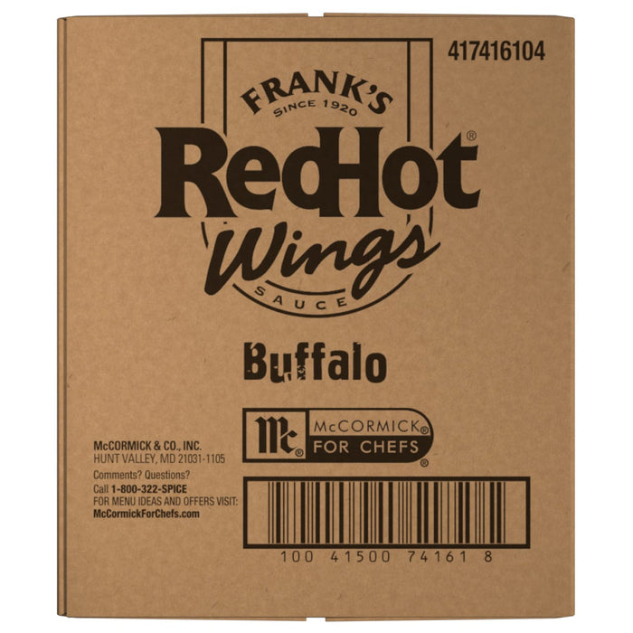 A cardboard box for Frank'S Redhot Buffalo Wing Sauce, featuring the brand's logo and McCormick For Chefs branding.