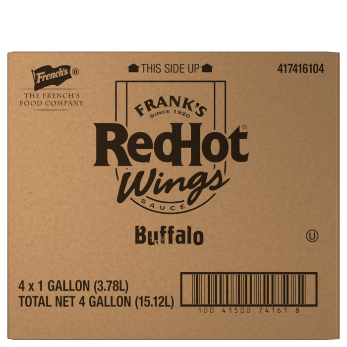 A brown cardboard shipping box from The French's Food Company for Frank'S Redhot Buffalo Wing Sauce, containing 4 x 1 gallon bottles for a total net of 4 gallons.