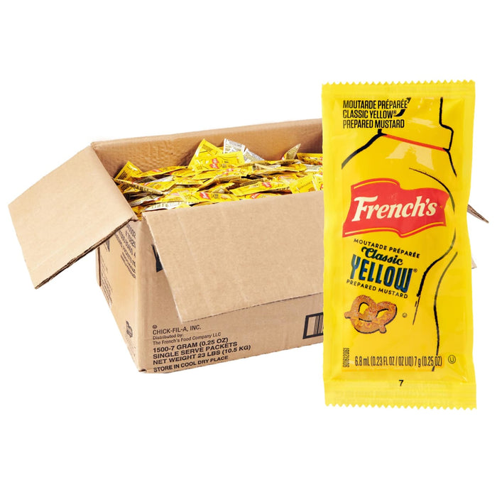 A single-serve packet of French's Classic Yellow Prepared Mustard is featured in front of a bulk box of packets, a product line which also includes the Frenchs Regular Mustard 375 Oz.