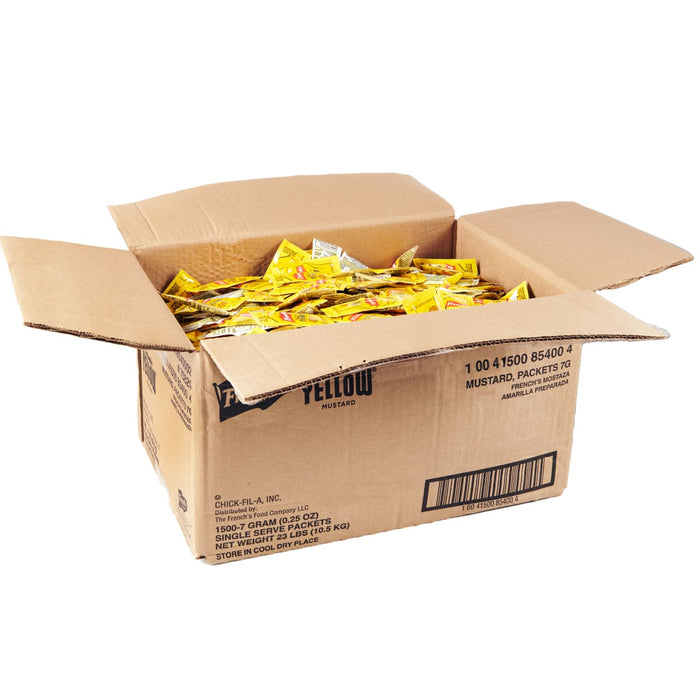 A box of French's Yellow Mustard packets.