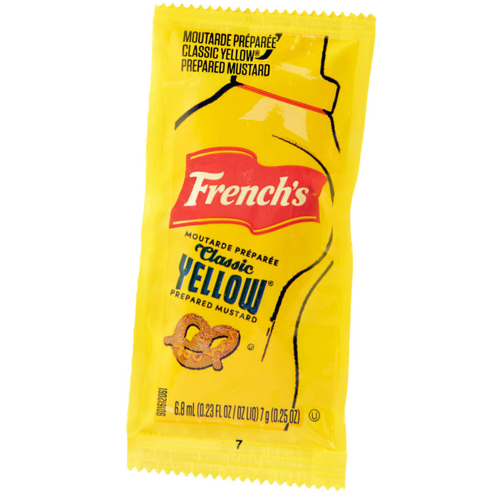 A single-serving packet of French's Classic Yellow Mustard.