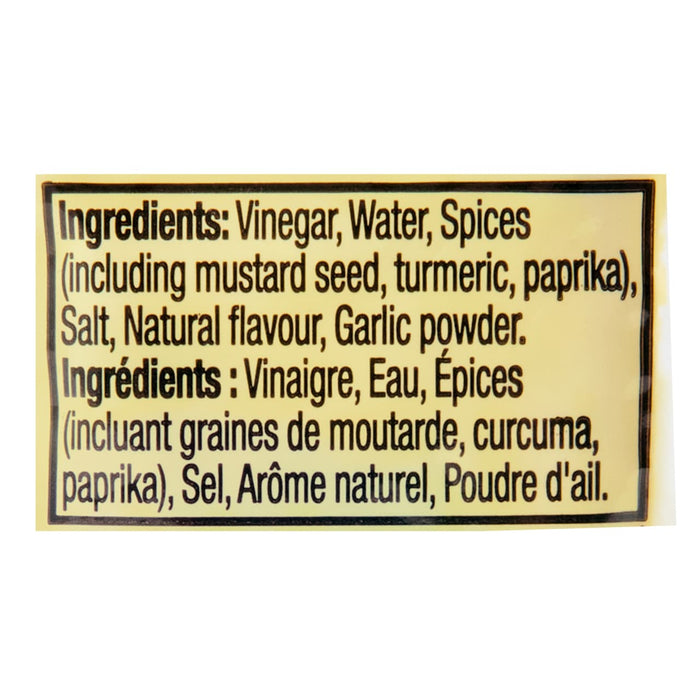 A close-up of the ingredients list for a product, including vinegar, water, spices, and garlic powder.