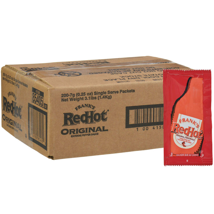 A box of 100 single-serve packets of Frank's RedHot Original Cayenne Pepper Sauce.