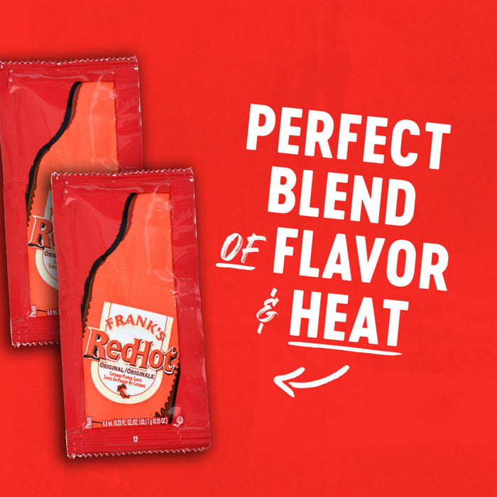 A white arrow points to a single-serving packet of Frank's RedHot Original Cayenne Pepper Sauce, ideal for dining, catering, and takeout.