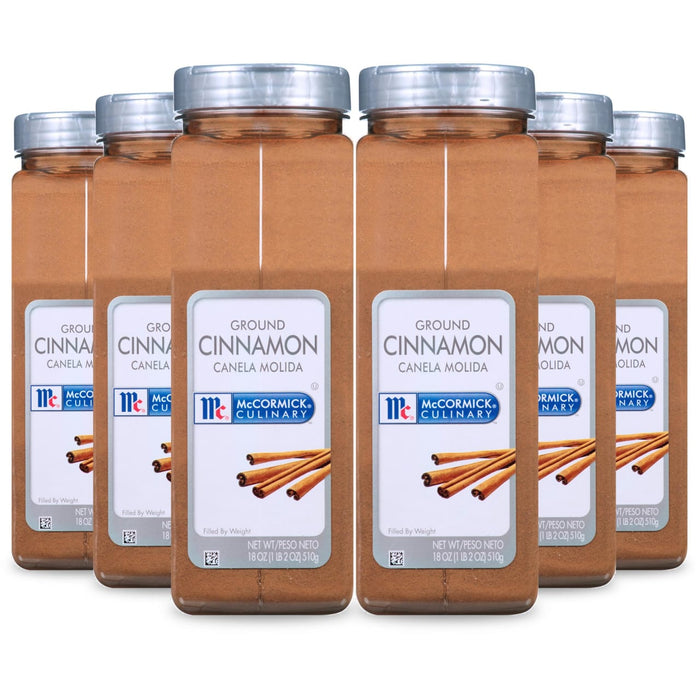 A six-pack of Mccormick Culinary Cinnamon Spice Ground 18 Oz containers is displayed against a white background.