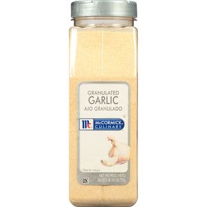 A jar of McCormick Culinary Granulated Garlic.