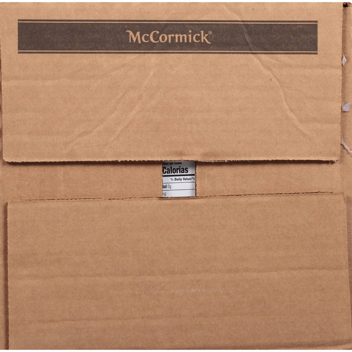 A brown cardboard box with the McCormick logo and a nutrition facts label.