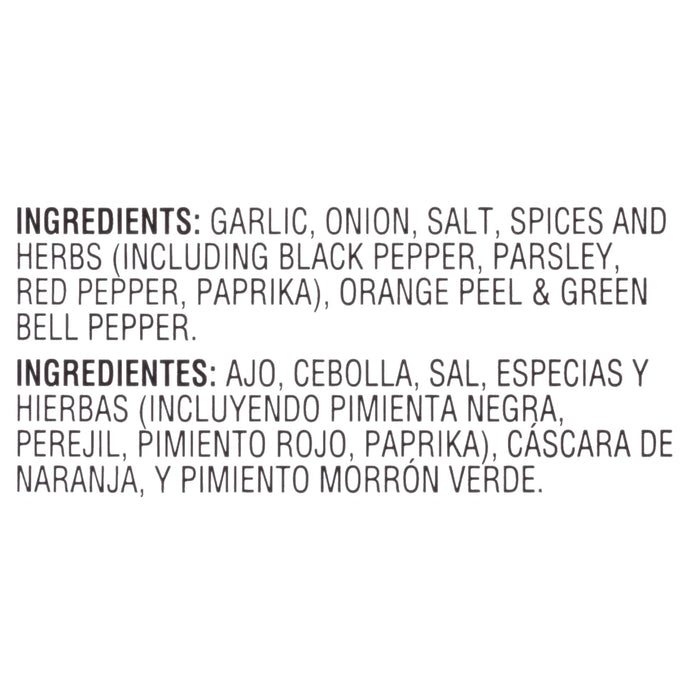 Ingredients for a seasoning blend in English and Spanish.