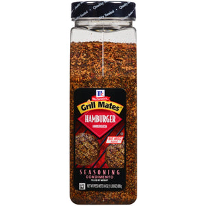 A jar of McCormick Grill Mates Hamburger Seasoning.