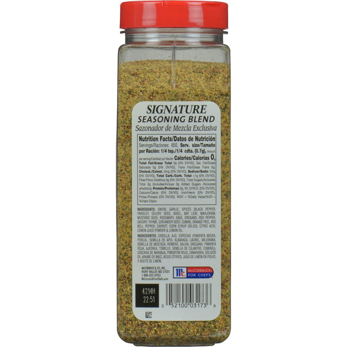 A McCormick for Chefs Signature Seasoning Blend jar with nutrition facts and ingredients listed.