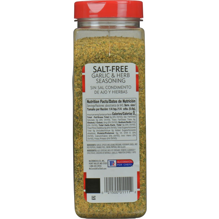 A McCormick Salt-Free Garlic &amp; Herb Seasoning bottle.