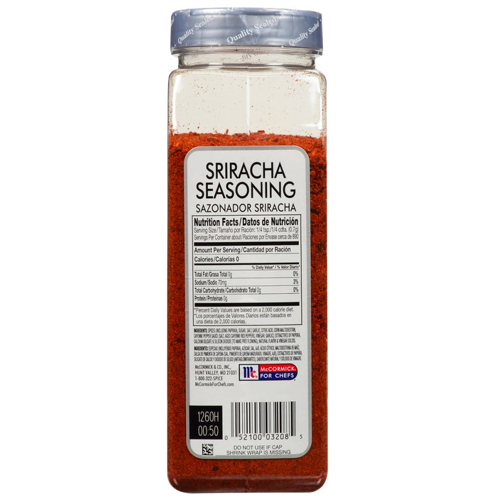 A McCormick for Chefs Sriracha Seasoning jar with nutrition facts and ingredients listed on the label.