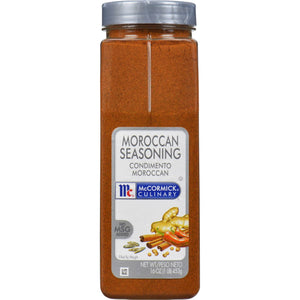 A jar of McCormick Culinary Moroccan Seasoning.