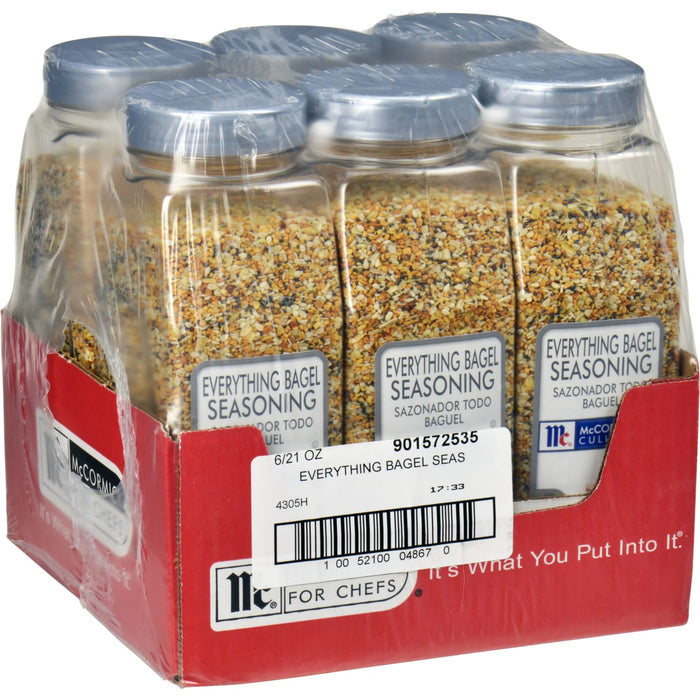 A box of six McCormick Everything Bagel Seasoning jars.