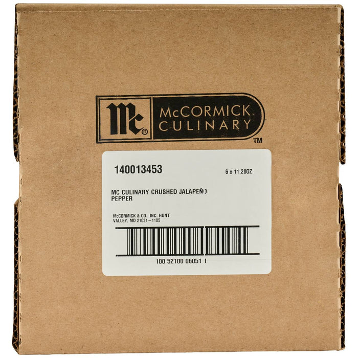 A cardboard shipping case for Mccormick Culinary Crushed Jalapeno Pepper, 11.28 Oz, shows the McCormick Culinary logo and a white label with product information and a barcode.