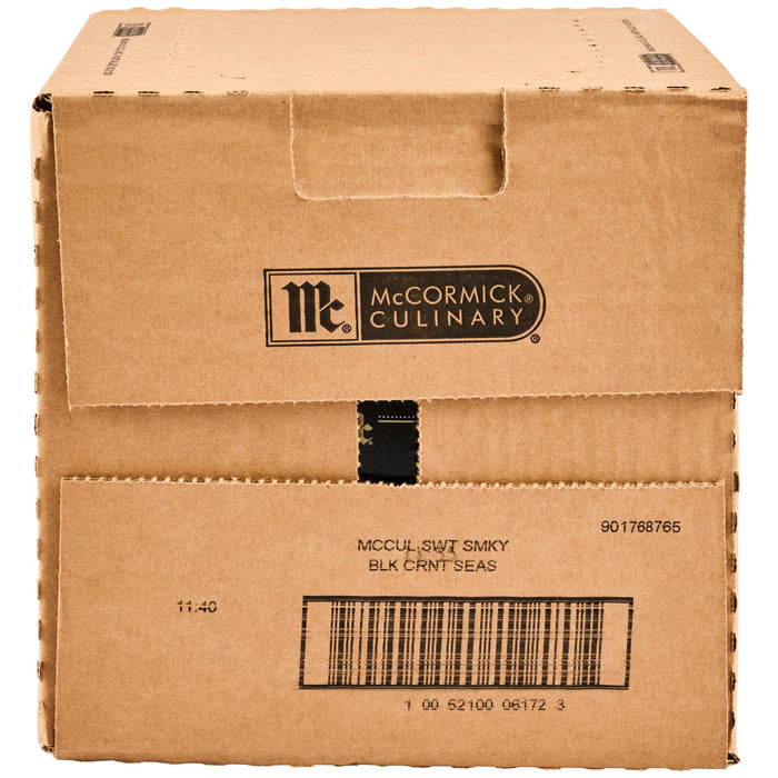 A brown cardboard shipping case for Mccormick Culinary Sweet &amp; Smoky Naturally Flavored Black Currant Seasoning, 28 Oz, is shown with the McCormick Culinary logo and product information printed on the side.
