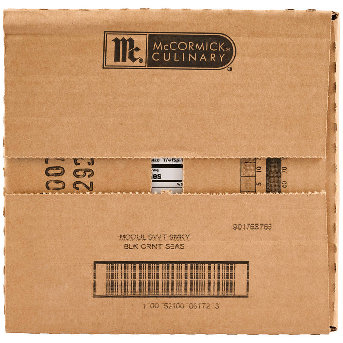 A brown cardboard shipping case for a bulk order of Mccormick Culinary Sweet &amp; Smoky Naturally Flavored Black Currant Seasoning, 28 Oz, shows the McCormick Culinary logo and product information printed on the side.