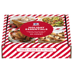 A festive red and white striped gift box containing a Mccormick 8.84 Oz Holiday Essentials curated collection of 10 spices and herbs featuring images of seasonal dishes like roasted turkey and holiday cookies