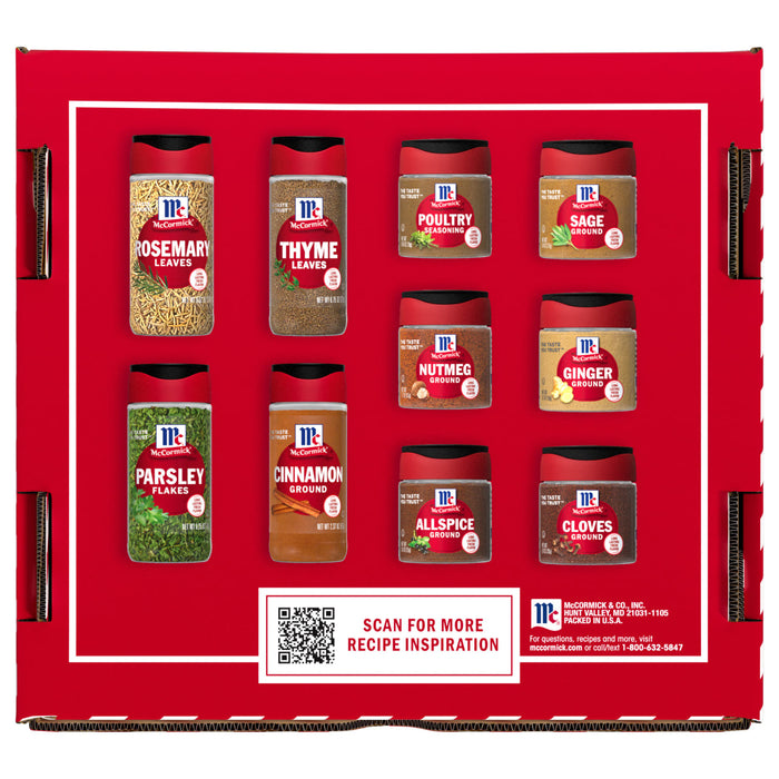 A red background with snowflakes and white text that says '10 Must-Have Ingredients.'