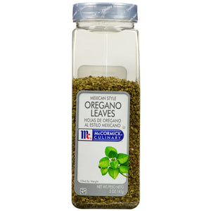 A jar of McCormick Culinary Mexican Style Oregano Leaves.