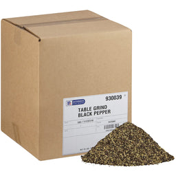 A large cardboard box of Mccormick Culinary Table Grind Black Pepper is displayed with a substantial pile of the coarse black pepper beside it, indicating a net weight of 25 lbs.