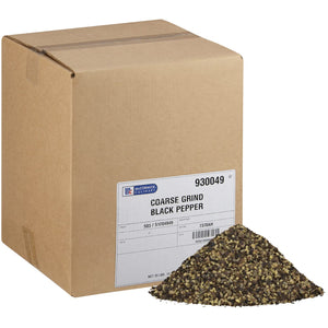 A box of McCormick Culinary Coarse Grind Black Pepper with a pile of peppercorns in front of it.