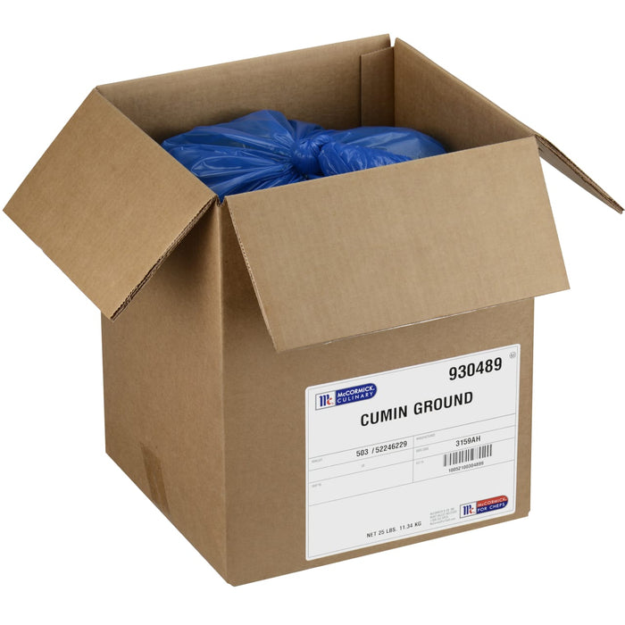 A cardboard box with a blue bag inside, labeled McCormick Culinary Cumin Ground.