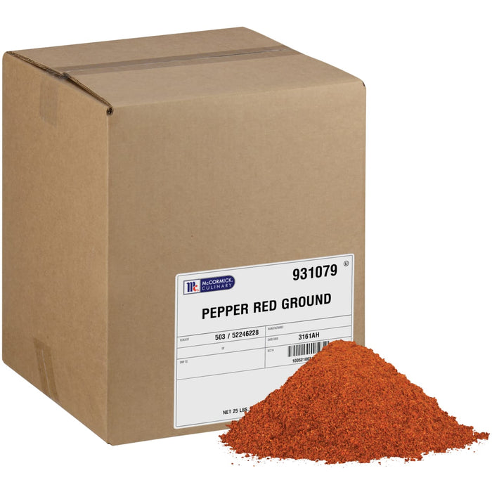 A box of McCormick Culinary Pepper Red Ground with a pile of the spice in front of it.