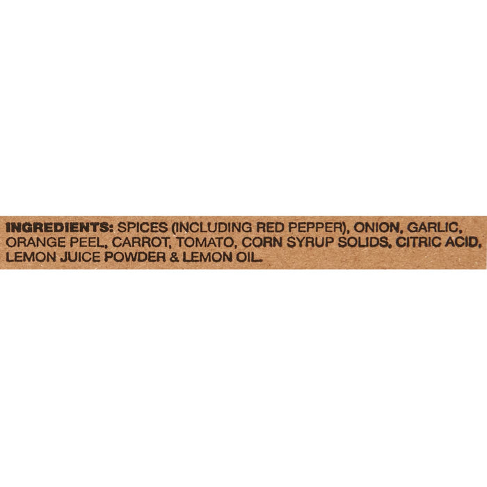 A list of ingredients for a product including spices vegetables and lemon juice powder.