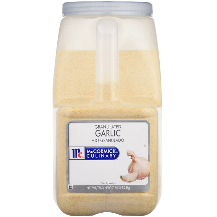 A container of McCormick Culinary Granulated Garlic.