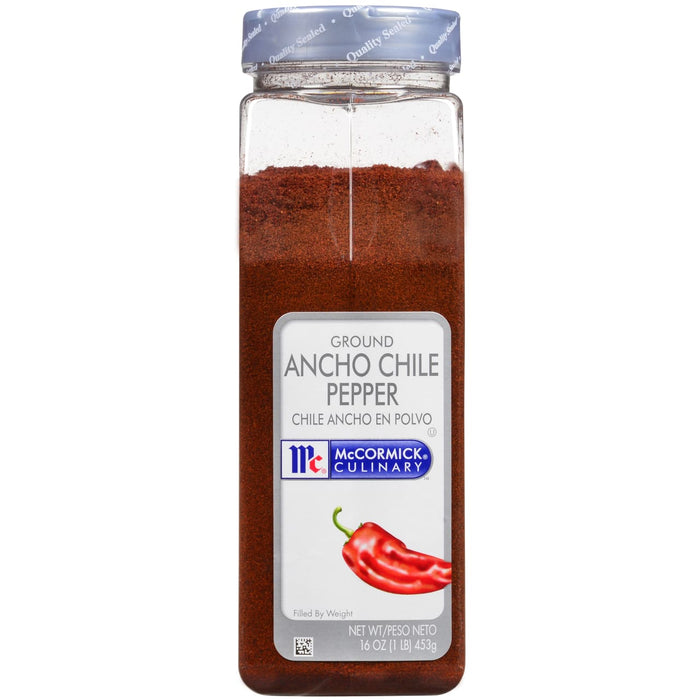 A jar of McCormick Culinary Ground Ancho Chile Pepper.