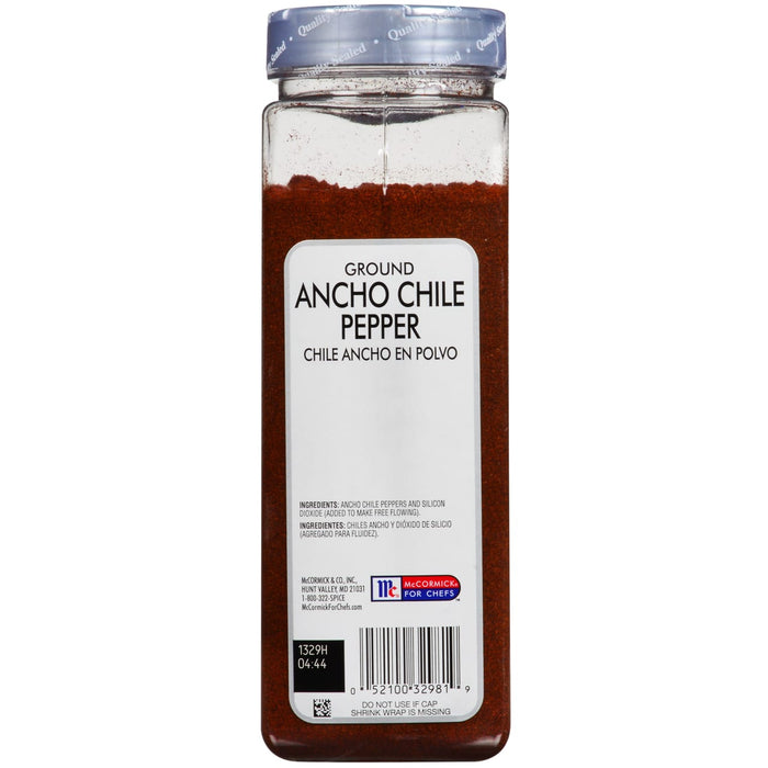 A jar of McCormick for Chefs Ground Ancho Chile Pepper.
