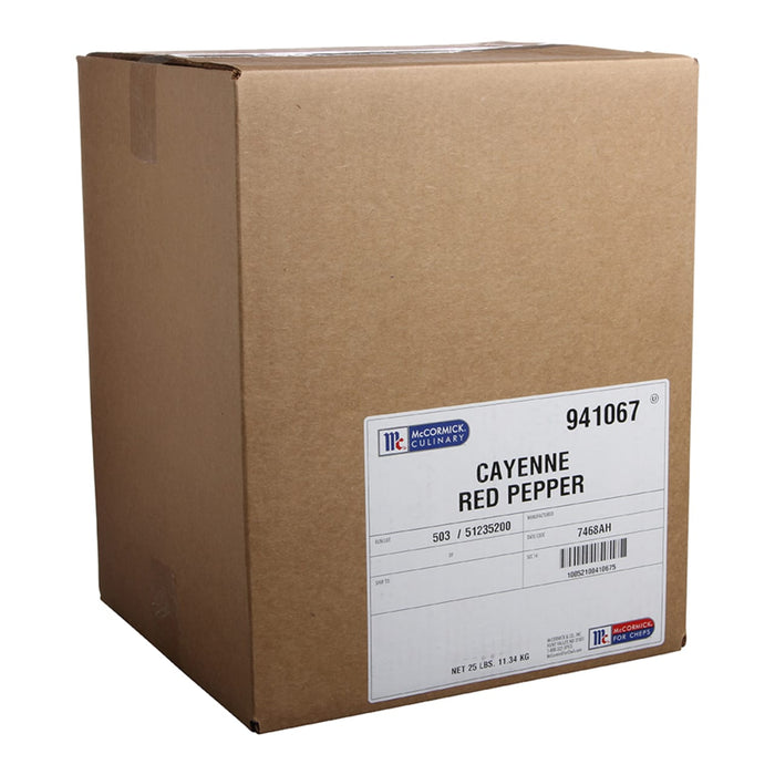 A cardboard box of McCormick Culinary Cayenne Red Pepper.