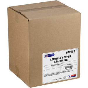 A cardboard box of McCormick Culinary Lemon &amp; Pepper Seasoning.