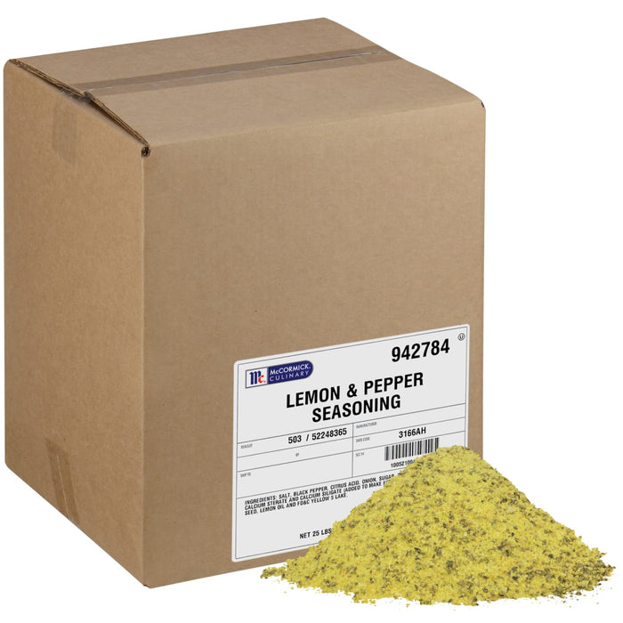 A box of McCormick Culinary Lemon &amp; Pepper Seasoning with a pile of the seasoning in front of it.