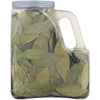A clear plastic jar filled with dried bay leaves.