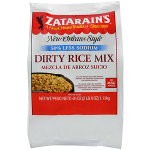 A bag of Zatarains Dirty Rice Mix a New Orleans style rice mix with 50% less sodium.