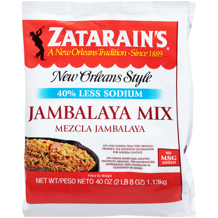 A package of Zatarains New Orleans Style Jambalaya Mix 40% less sodium.