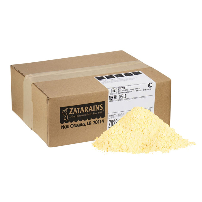 A box of Zatarain's Fish Fry mix with a pile of the mix in front of it.