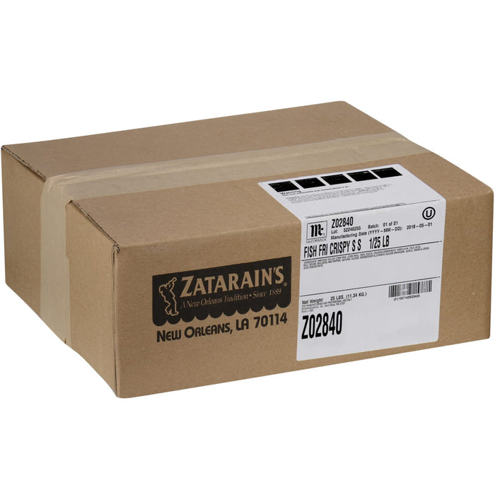 A cardboard box for Zatarain's Fish Fry Crispy S S 1/25 LB.