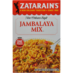 A box of Zatarain's New Orleans Style Jambalaya Mix with a serving suggestion of the finished dish.