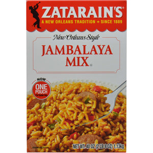 A box of Zatarain's New Orleans Style Jambalaya Mix with a serving suggestion of the finished dish.