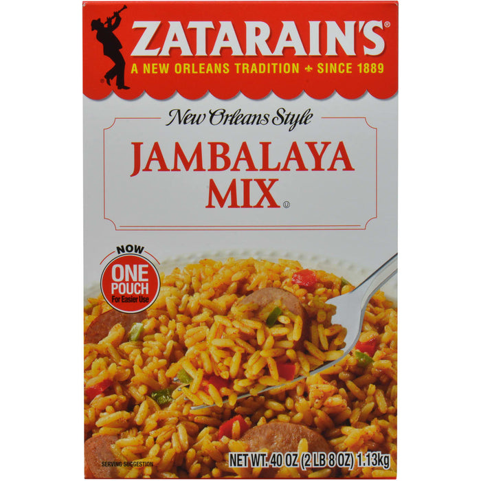 A box of Zatarain's New Orleans Style Jambalaya Mix with a serving suggestion of the finished dish.