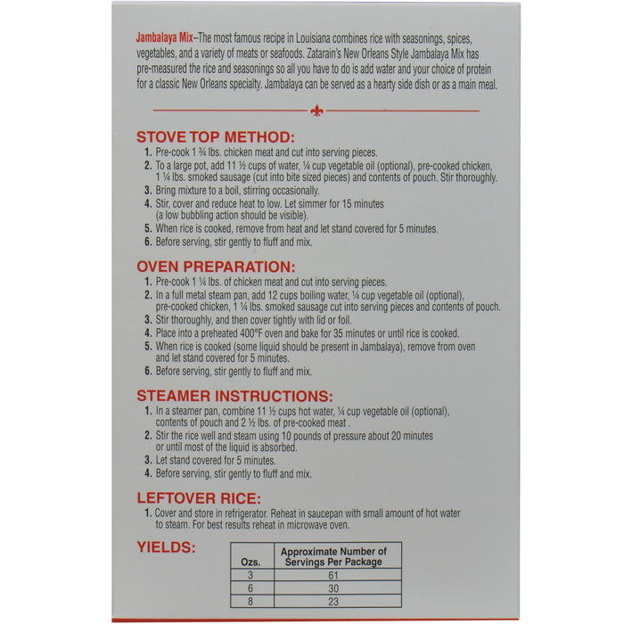 Zatarain's New Orleans Style Jambalaya Mix instructions for stovetop, oven, and steamer preparation.