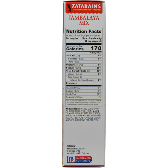 Zatarain's Jambalaya Mix nutrition facts and ingredients label.