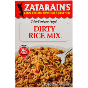 A box of Zatarain's New Orleans Style Dirty Rice Mix with a serving suggestion of the rice on the front.