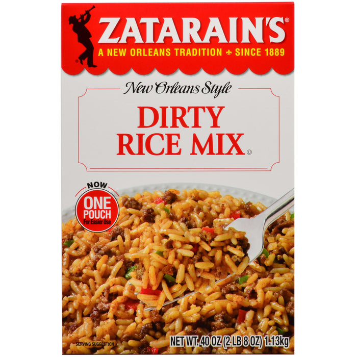 A box of Zatarain's New Orleans Style Dirty Rice Mix with a serving suggestion of the rice on the front.